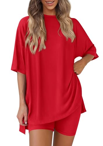 PRETTYGARDEN Women 2 Piece Lounge Set 2026 Summer Casual Oversized Shirts Biker Shorts Matching Airport Travel Outfit Clothes (Red Small)