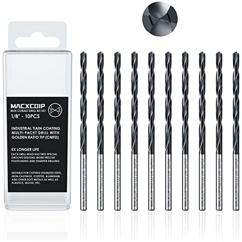MACXCOIP 1/8" (10pcs) TiAIN Coating Cobalt Drill Bit Set, Multifacet Tip M35 High Speed Steel Bits for Hardened Metals, Stainless Steel, Cast Iron and Wooden Plastics, with Metal Index Storage Box Cover
