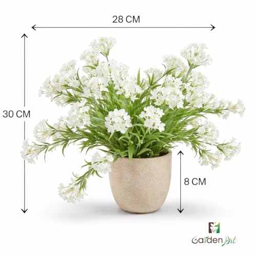 Image of Garden Art Artificial Lavender Flower Bush in Decorative Pot - Realistic Faux Plant for Home & Office Tabletop Decor (P-0155White)