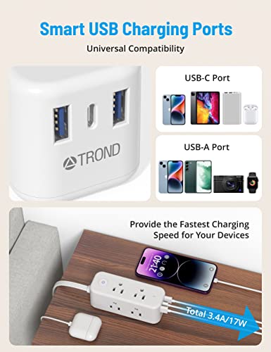 Flat Plug Power Strip - Trond 5Ft Ultra Thin Extension Cord With 6 Widely Outlets And 3 Usb Ports(1 Usb C) + Multi Plug Outlet Extender 2 Pack - Trond Electrical Wall Outlet Splitter #TOP3