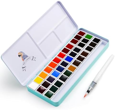 Lithwish MeiLiang Watercolor Paint Set with Metal Ring and Bonus Watercolor Brush, 36 Vivid Colors in Pocket Box