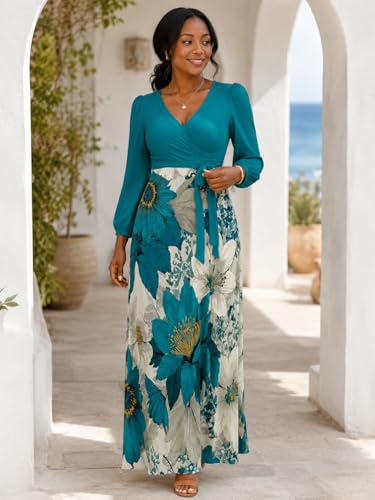 Image of PinkPatty Plus Size Dresses for Curvy Women V Neck Flowy Long Sleeves Wrap Maxi Dress Travel Vacation Outfits