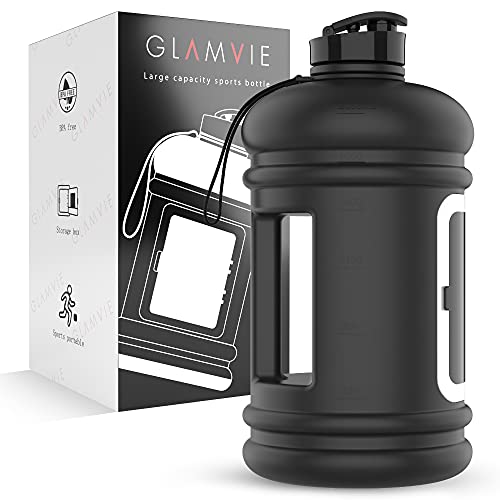GLAMVIE Sports Water Bottle 73OZ Half Gallon with Handle Big Reusable Water Jug 2.2L For Sport & Fitness with Built-In Storage Case for Cash & Cards | Eco Friendly & BPA Free | Matte Grey