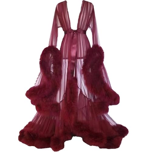FloAPa Sexy Lingerie Women's See Through Feather Robe Lace Night Robe Party Nightwear Lace Robe Kimono Dressing Gown Sexy Nightwear One Size,006,One Size