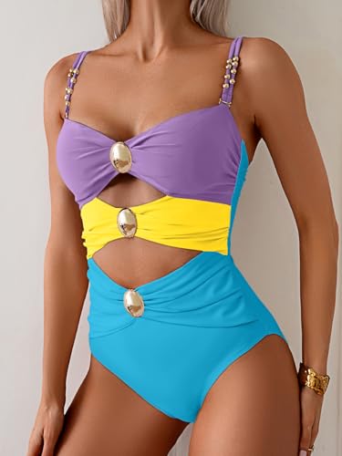 Image of B2prity Cutout One Piece Swimsuit Tummy Control Ruched Monokini Color Block Bathing Suit for Cruise Vacation