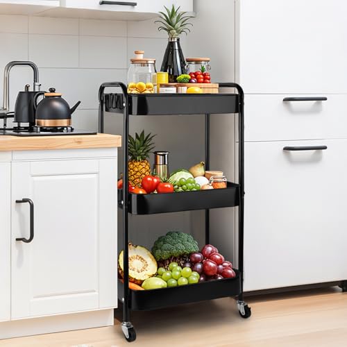 Viuxule Storage Cart, 3 Tier Metal Trolley Cart with Wheels, Black Rolling Utility Cart for Kitchen, Bathroom, Office, Bedroom, Veg Rack and Multi-Purpose Organizer for Snack, Makeup, Book, Diaper - Image 5