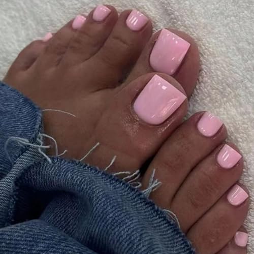 Image of Pink Press on Toenails Short Square Fake Toenails Summer Toe Nails Press ons Glossy Full Cover Stick on Toe Nail for Women Manicure 24Pcs