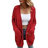 Women's Long Knit Cardigan Front Open Solid Color Knitted Tops with Pockets Long Sleeve Twisted Crochet Mohair Sweater (Red,Large)