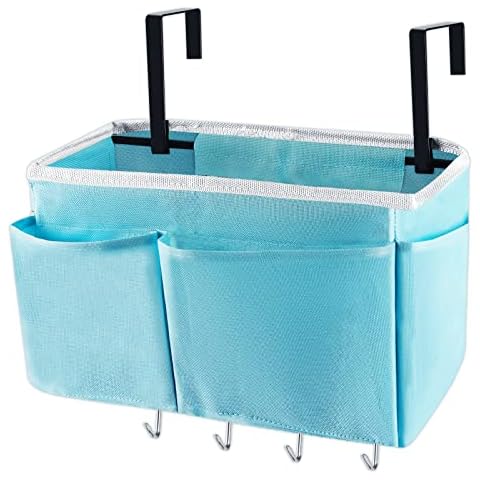 Retyion Bedside Storage Bag with 4 Hooks Multi-Function Hanging Organizer Caddy for Headboards Bunk Bed Hospital Bed (Blue) Cover