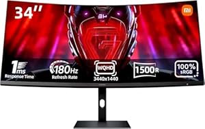 XIAOMI G34WQi Ultrawide Gaming Monitor 34 Zoll - WQHD, 180Hz, 1ms, HDR 10, 100% sRGB, 4000:1 Kontrast, 350nits, FreeSync, RGB Ambient Light, Low Blue Light, Randlos, Schwarz