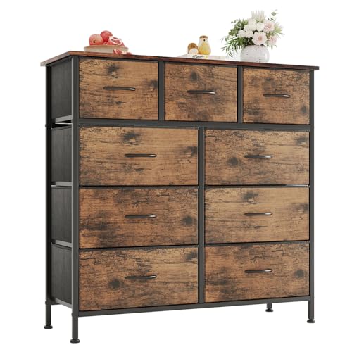 CAIYUN Chest of Drawers,Dresser for Bedroom with 9 Drawers,Fabric Dresser with Wood Top and Large Storage Space, Easy to Assemble, for Bedroom, Living room, Rustic Brown