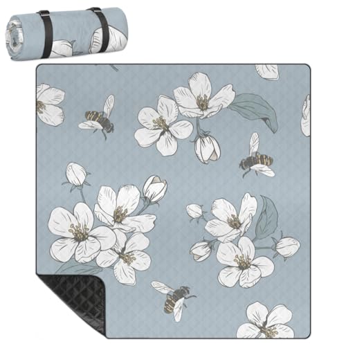 Shimoshe Extra Large Picnic Blankets 79”x 79”, Cherry Blossom Print Waterproof Foldable Picnic Mat with Straps Portable Beach Blanket for Camping Park Grass Beach Indoor