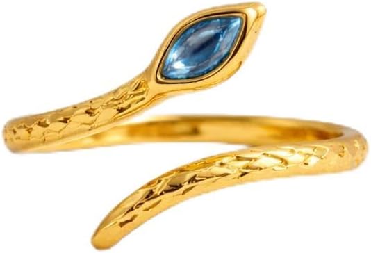 Snake Wrap Ring for Women with Marquise Blue Topaz 14K Yellow Gold Open Adjustable Ring Serpent Statement Ring Boho Minimal Jewelry Gift for Her