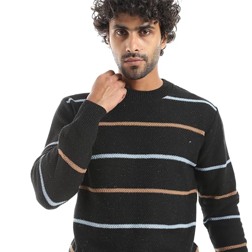Andora Long Sleeves striped Round Neck Sweater_ black_ L