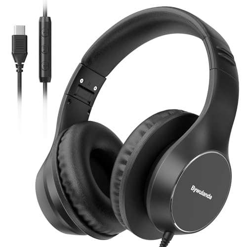 Bywulanda Casque audio filaire USB C, casque stéréo filaire avec microphone, contrôle du volume, ajustement confortable, casque pliable pour iPhone...
