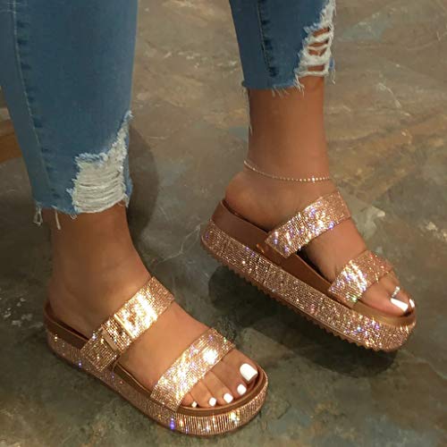 Hiriri Womens Double Strap Slip On Slides Glitter Flat Platform Sandals High Heels Slippers Crystal Shoes Gold #TOP1