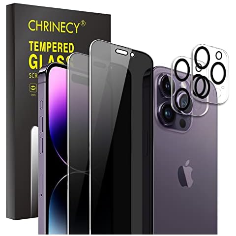 CHRINECY [4 Pack] 2Pack Privacy Screen Protector Compatible for iPhone 14 Pro with 2Pack Camera Lens Protector, 9H Hardness, Anti-Spy Tempered Glass Protector Film Cover