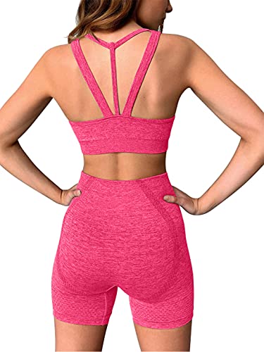 Kinbor Womens Seamless Strappy Padded Sports Bras with High Waisted Shorts Yoga Gym Outfits 2 Pieces Rose