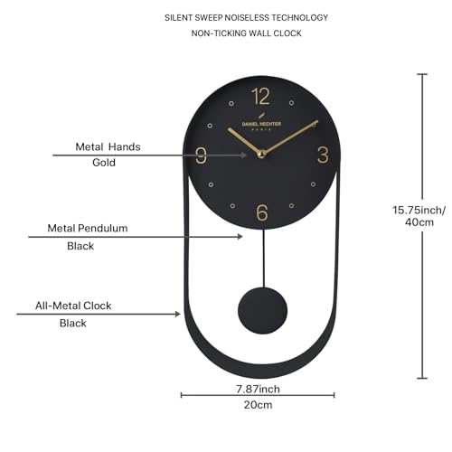 Image of Daniel Hechter Paris Aveyron Collection Wall Clock, Silent Sweep Non-Ticking Quartz Movement,15.75Inch(40 cm), Oval All-Metal Frame,Metal Pendulum,Modern Decorative Clock for Home & Office - DHCL1006