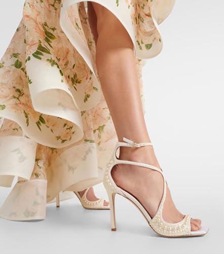 Women's White Pearl Rhinestone Heeled Sandals Square Open Toe Elegant Ajustable Ankle Strap High Heels Comfortable Wedding Party Shoes for Women2