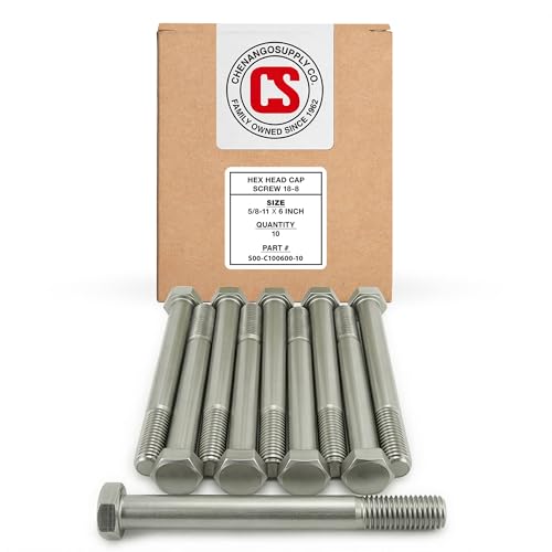 Image of Chenango Supply 5 /8-11 x 6 Stainless Steel Hex Head Bolts | 304 Stainless, USS Coarse Thread, 100,000-125,000 PSI Tensile Strength, Corrosion-Resistant Hardware Bolts, (10 Pieces)