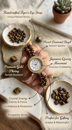 Image of ARKN Crystal Bracelet Watch for Women | Natural Gemstone Beaded Wrist Watch | Gold-Tone Dial with Rhinestone Bezel | Adjustable Fashion Jewellery Gift for Women & Girls