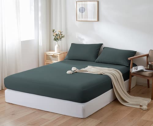 Yiyea Linen Fitted Sheet With Pillowcase - Natural French Linen Cotton Blend 16 Inch Deep Pocket Twin Fitted Sheet, Soft, Breathable And Durable (Twin, Balsam Green #TOP7