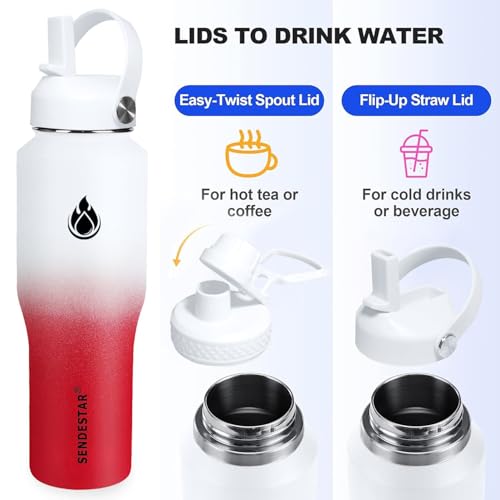 Image of SENDESTAR 32oz Water Bottle Wide Mouth Stainless Steel Vacuum Insulated Double Wall with 2 Straw Lids Fit in Any Car Cup Holder