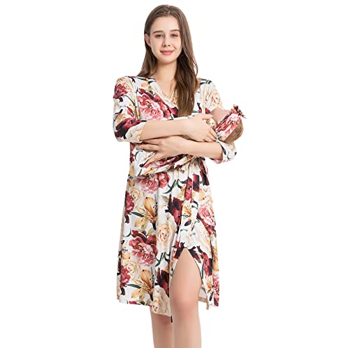 Image of Galabloomer Maternity Robe and Baby Receiving Blanket, Matching Mommy Labor Delivery Robe and Swaddle Set Ivory Floral