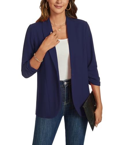 MINTLIMIT Women 3/4 Ruched Sleeve Blazer Open Front Shawl Collar Business Jacket Blazer Lightweight Work Office Jackets Coat, Navy Blue2
