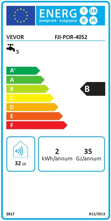 EU Energy Label for VEVOR FJI-POR-40S2 water heater, showing energy efficiency class B, annual electricity consumption of 2 kWh, and sound power level of 32 dB.