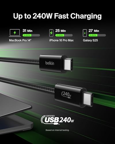 Belkin USB C to USB C Cable, 6.6ft, 240W - Type C Charger, iPhone Charger Cord, Soft, Braided, Flexible for iPhone 17, G