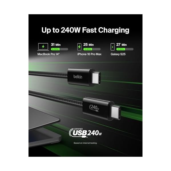 Belkin USB C to USB C Cable ​2-Pack, 6.6ft, 240W - Type C Charger, iPhone Charger Cord, Soft, Braided, Flexible for iPhone 16, Galaxy S25, Pixel 9, MacBook, Chromebook, iPad Pro, Switch – Black - Image 3