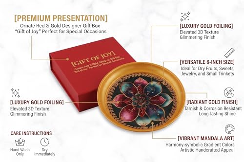 Image of R Ayurveda Copper Metal Set of 4 Ornate Dessert Serving Plates - 6 Inch Decorative Enamel & Gold Foiled Finish Trays - Perfect for Indian Sweets, Macarons, Festivals & Family Parties
