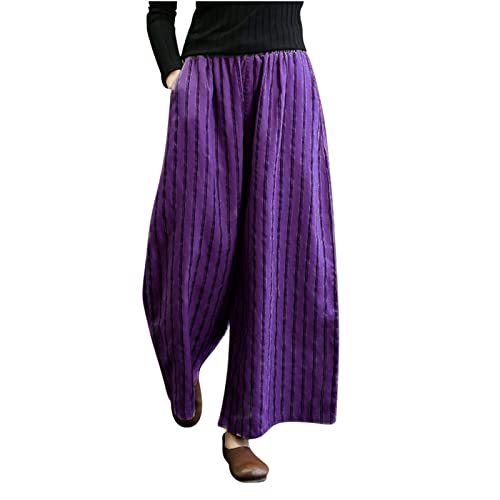Plus Size Cotton Linen Pants For Women Summer Flowy Vintage Stripe Wide Leg Palazzo Pants Beach High Waisted Trousers Purple #TOP4