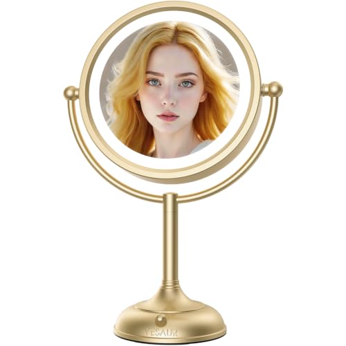 Image of Professional 8.5 inch Large Lighted Makeup Mirror with Brighter Lights, 1X /10X True HD Magnifying Mirror with 3 Color Dimmable Lights, 90 Shadowless LEDs, 360Swivel Seamless Vanity Mirror, Gold Nickel