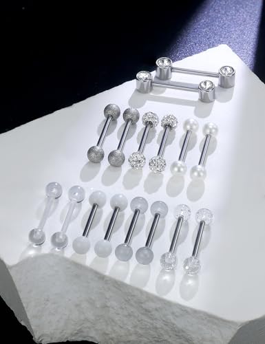 Prjndjw 8-12Pairs 14G 16G Nipple Rings Surgical Steel Tongue Rings Barbell Nipplering Diamond CZ Body Piercing Jewelry Retainer for Women Men 14mm Length Size3