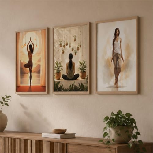 Image of Livin'luxe Set of 3 Yoga Meditation Women Wall Paintings for Living Room Bedroom Home Decor with Premium Wooden Color Synthetic Frame (13.5 x 19.5 Inch) NM03-65