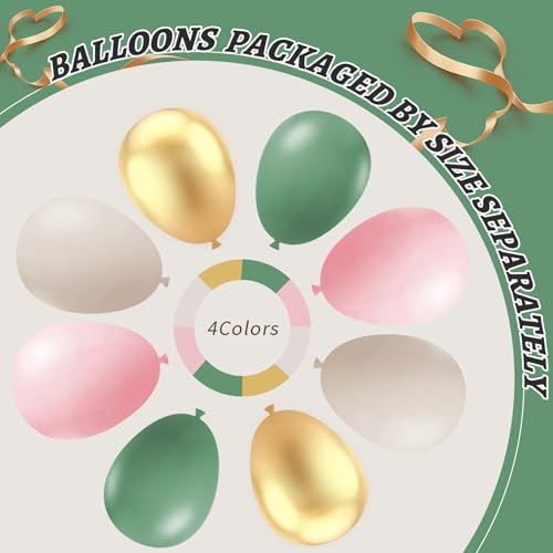 Image of 412Pcs Pink and Green Balloon Garland Arch Kit -Different Sizes 18 12 10 5inch Sage Green and Pink White Sand Gold Different Size Balloons for Girl Birthday Jungle Safari Woodland Party Decorations