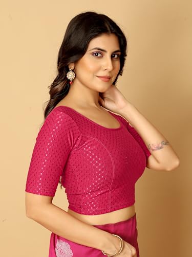 Image of Amazon Brand - Anarva Round Neck Dobby Cotton Lycra Stretchable Elbow Half Sleeve Readymade Saree Blouse for Women Stylish