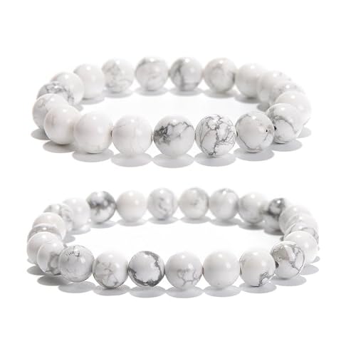 8mm & 10mm White Turquoise Round Stretch Beaded Jewelry Gift Bracelet Stack | Stone Bead Birthstone Bracelets for Women Men