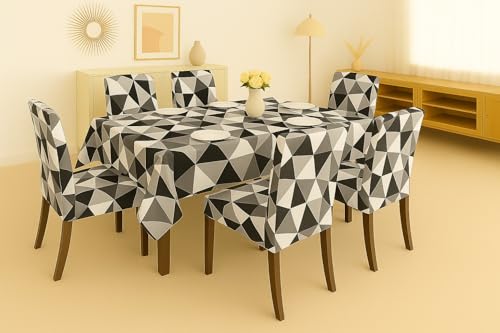 Image of Homerz Premium 6 Seater Dining Table Cloth with 6 Dining Chair Covers,Elastic Fitted Chair Slipcovers, Printed Polycotton Fabric, Table Cloth Size 60x90 inch (GBW)