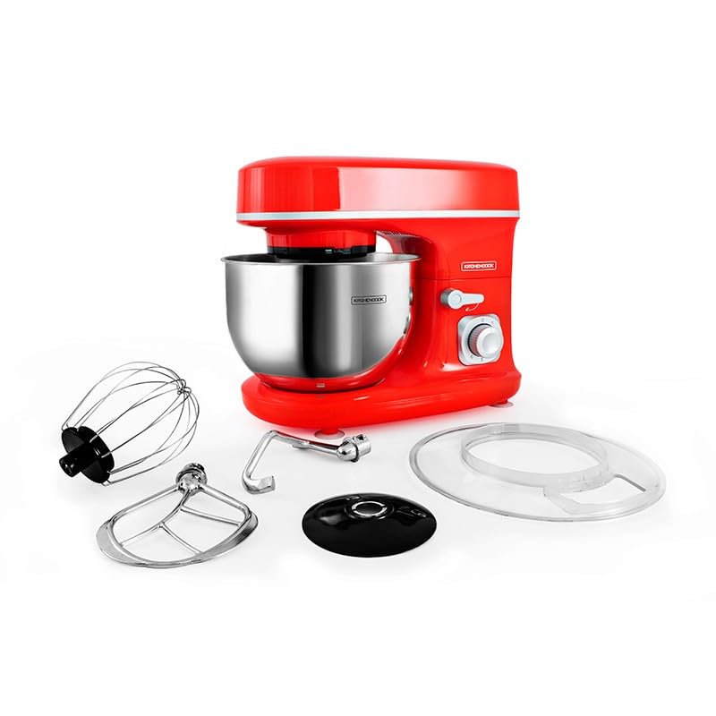 Kitchencook - Robot Pétrin 5l - 1300w - 6 Intensités - Bol Amovible Acier Inoxydable - Crochet à Pâte - Fouet à Fils - Rouge