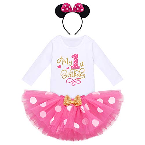 Babypakje voor kleine meisjes, 1/2/3e verjaardag, Minnie outfit, katoen, lange mouwen, rompertje + prinses polka dots tule tutu + muis oor hoofdband, 3-delige kledingset rekwisieten kostuum voor fotoshoot, Hot Pink-My 1st Birthday, 12 Maanden - Image 3
