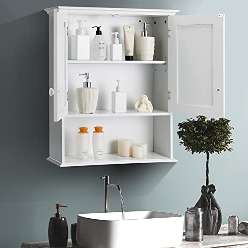 Armario de baño empotrado en pared COSTWAY, armario de almacenamiento sobre el inodoro con doble puerta y estante ajustable, armario de medicinas colgante de madera para sala de estar, recibidor y cocina (blanco) miniatura 2
