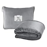 Weiche & Warme Reisedecke für Flugzeug & Auto, 127 x 152 cm Ultraleichte Flugzeugdecke, Verwandlungskissen, Kompaktes Kissen für Urlaub, Büro, Zuhause und Geschäftsreisen (Grau)