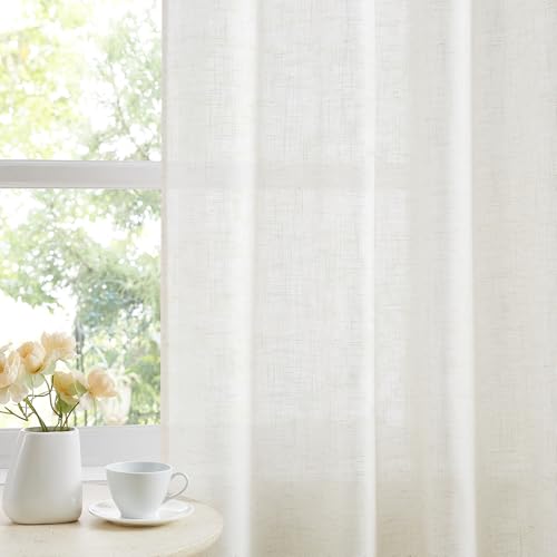 Image of Treatmentex Flax Blend Linen Semi Sheer Curtains 52 x 45 White Light Filtering Privacy Curtains for Small Windows Rod Pocket, 2 Panels