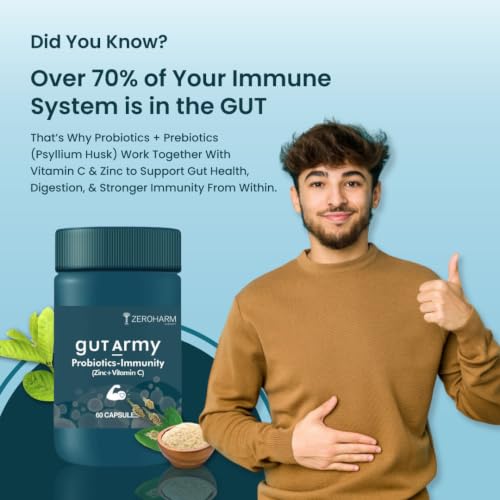 Image of ZEROHARM Gut Army Probiotics & Prebiotics | Psyllium Husk, Lactobacillus Acidophilus, Vitamin C & Zinc | Immunity and Gut Health Supplement | Promotes Natural Gut Health & Digestion | 60 Veg Capsules