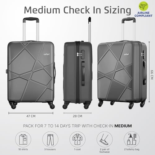 Image of Safari Medium Polypropylene (Pp) Pentagon Hardside Size Check-in Luggage Suitcase Spinner Trolley Bags for Travel Dark Grey Color 66Cm