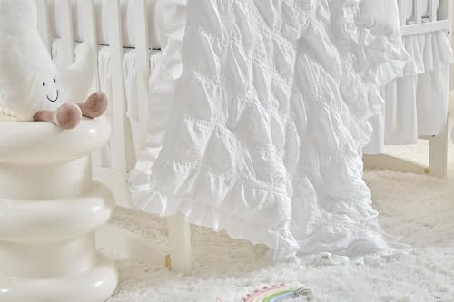 Image of Ruffled Crib Bedding Set Baby Boho Quilted Comforter with Fitted Sheet and Bed Skirt - Cute Soft Breathable Seersucker Ruffled Shabby Chic Bedding Soft Blanket Design - White